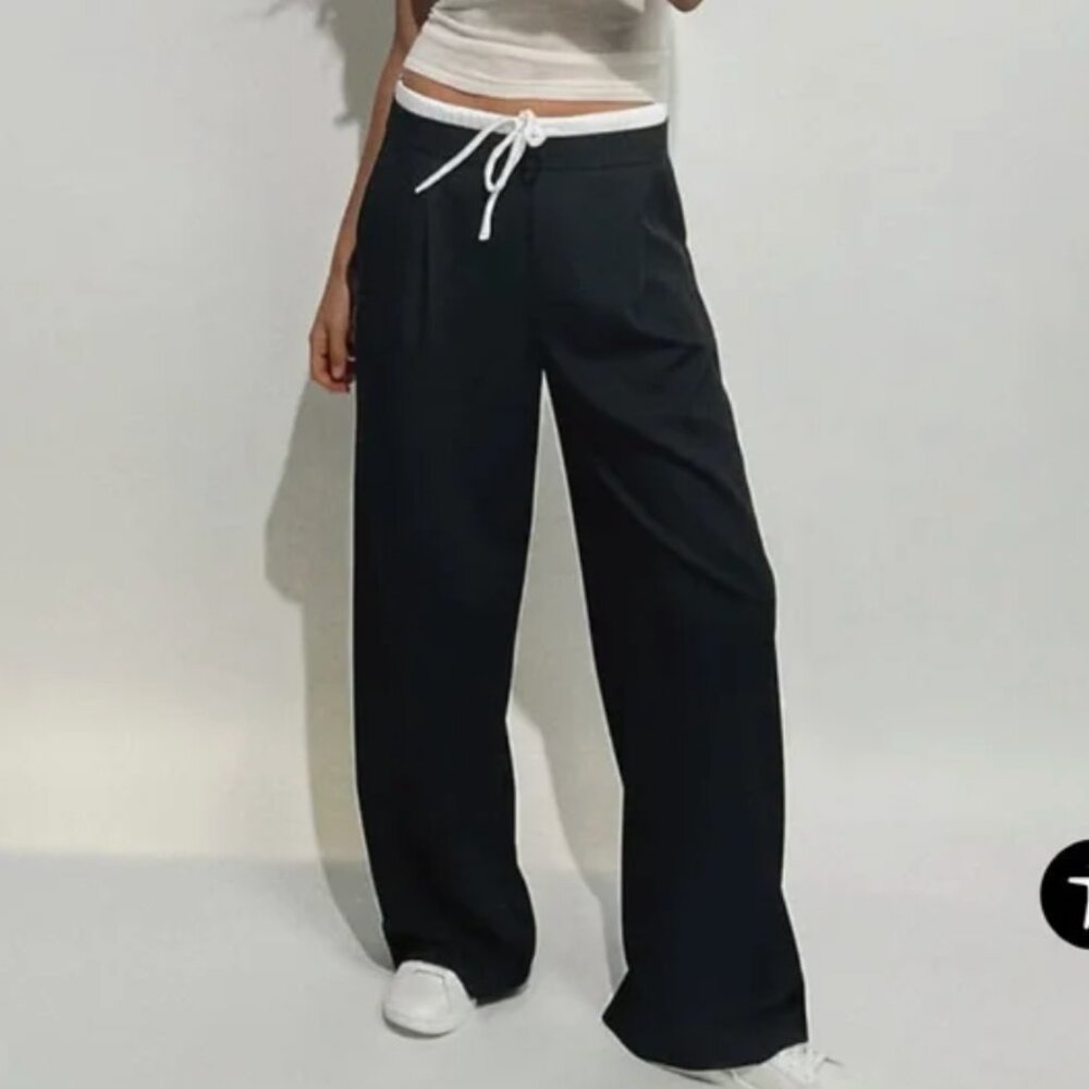Zara black pinstripe trousers double waistband wide leg high rise pants black